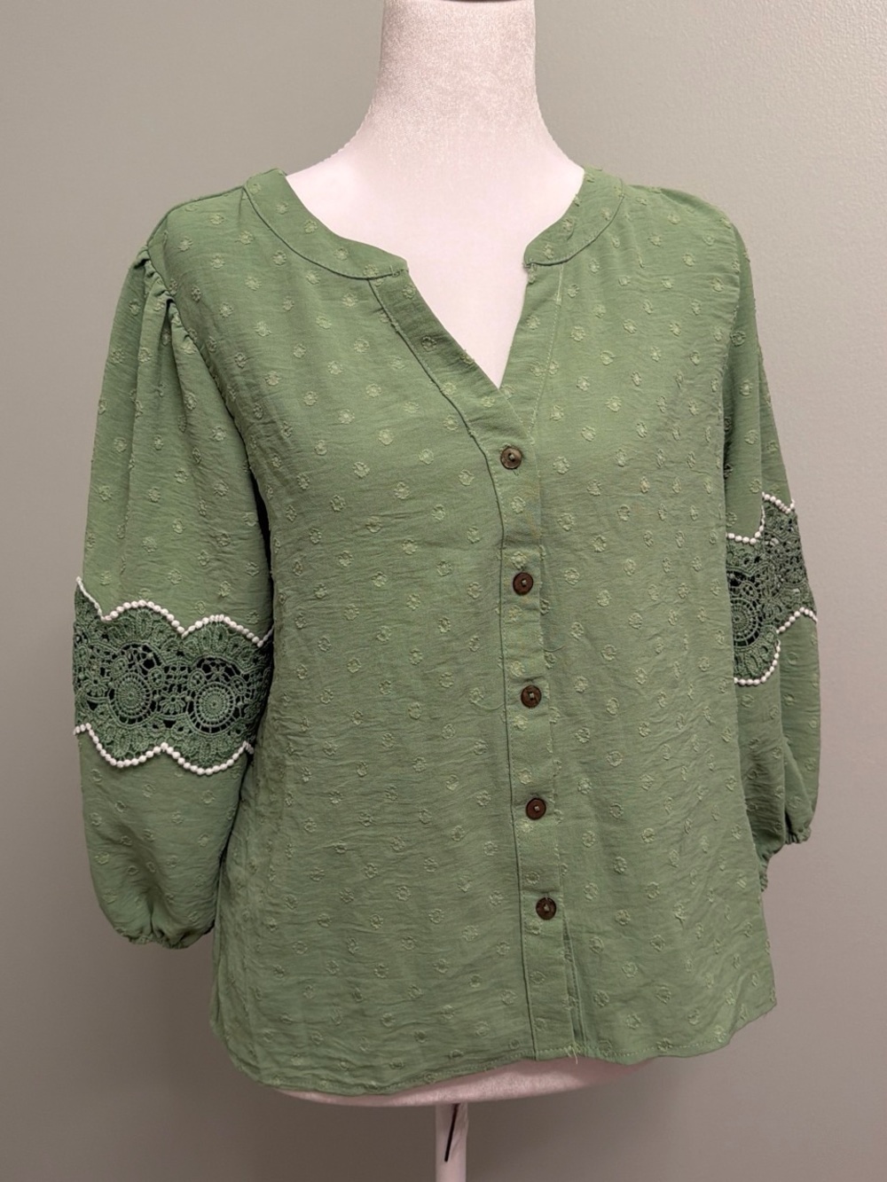Women's Sage Green Button-Front Embroidered Sleeve Top